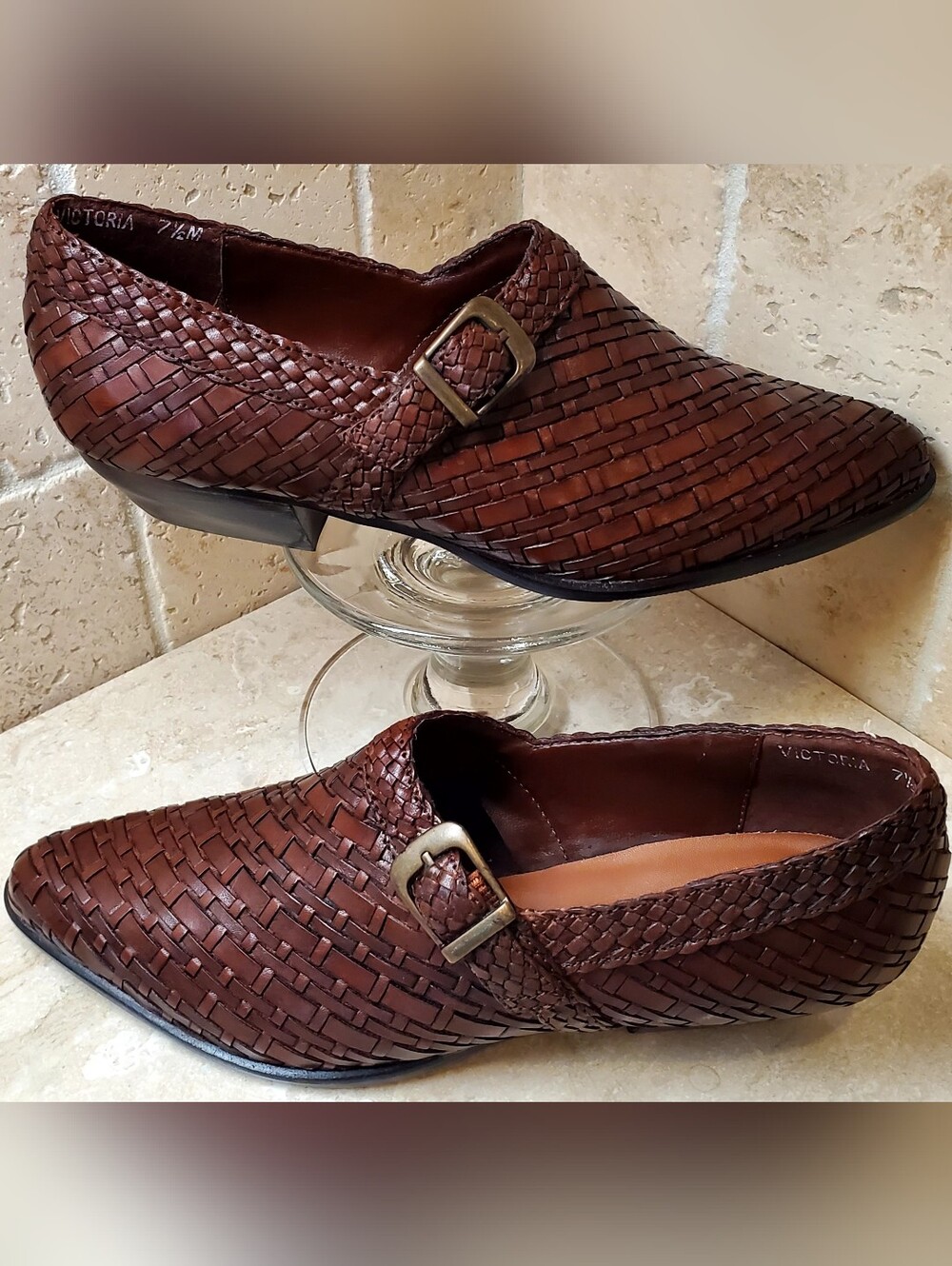 Nicole by Nicole Miller Victoria 7.5M Woven Leather Buckle Mules in Dark Brown - Picture 7 of 13